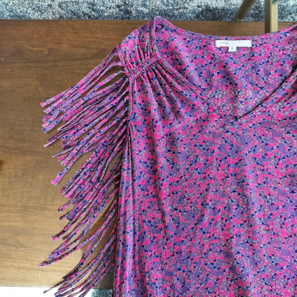 MAJE 100% Silk Sleeveless Boho Fringe Purple Pink Shift Mini Dress sz. S - Picture 5 of 7